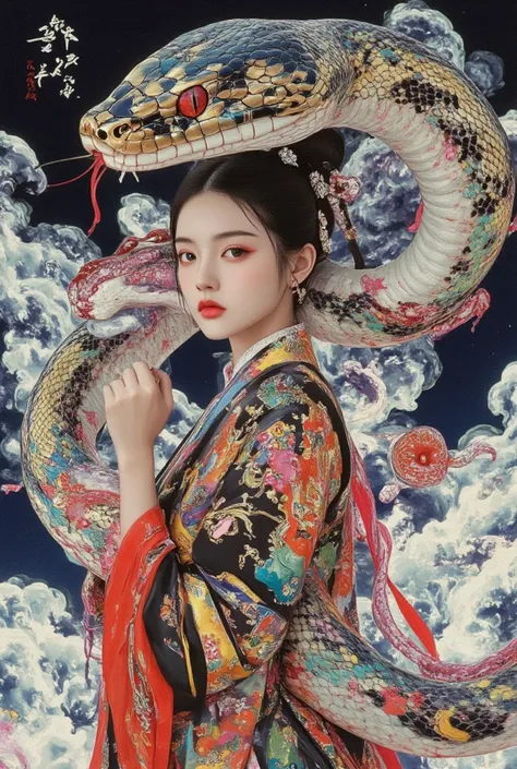 1girl, Chinese traditional clothes, snake, Fist clasping, Hallucinatory Art, Extremely Precise Visionary Art, Shamanic Fear, LSD art, new year style，snakeart，snake