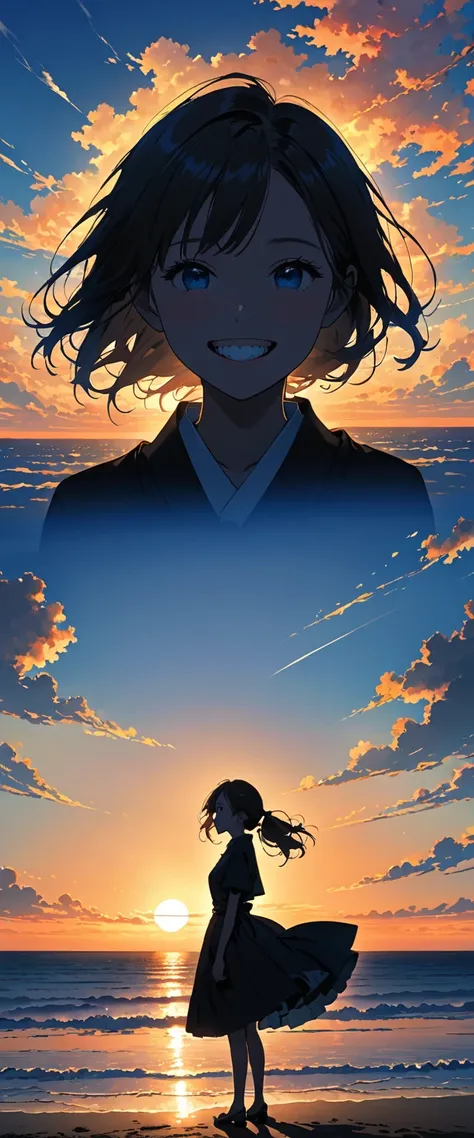 この画像teeth is、        It depicts a silhouette of a girl standing 、 horizon   、  horizon     .。.    light      ,         horizon       、       dark black         ,  teeth、 . その人teeth、 この画像teeth 。,      As it approaches the     horizon      、  ,    、  from   ...