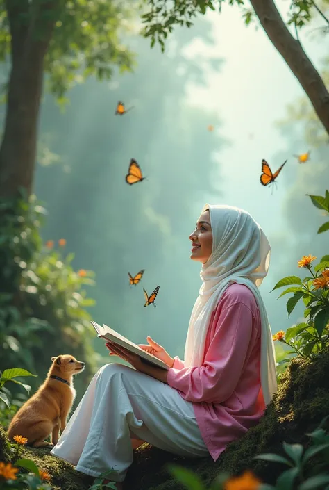 (photorealism:1.2), beautiful woman, sitting on jungle,Oman wearing the white pent and pink shirt,wearing white hijab,wearing white joggers,woman hold the "masla"novel,animals are playing around the woman,and woman are happy,weather is most peacefull ,bird...