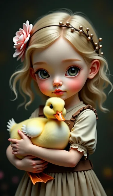 The image shows a young girl with a delicate smile holding a duck close to her face. She has bright, expressive eyes, soft rosy skin, and slightly wavy blonde hair styled in a loose bun with a few strands falling naturally. In her hair, there is a large pa...