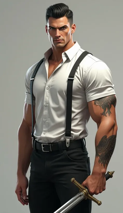 Realistic 3D adult male character.  short black hair. Wearing a white shirt and a suspender,  black pants, with an Eagle tattoo.  green eyes. Using a sword as a weapon . 