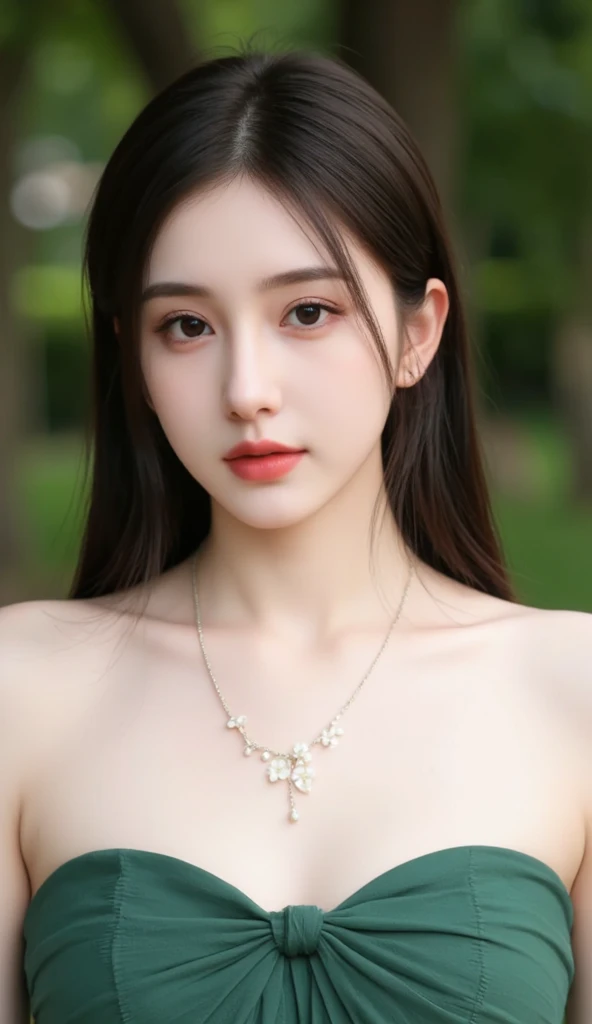 The image features a person with long, dark hair and fair skin. They are wearing a strapless green dress that has a textured appearance, possibly pleated or ruched fabric. The individual is adorned with a delicate necklace featuring small, white elements t...