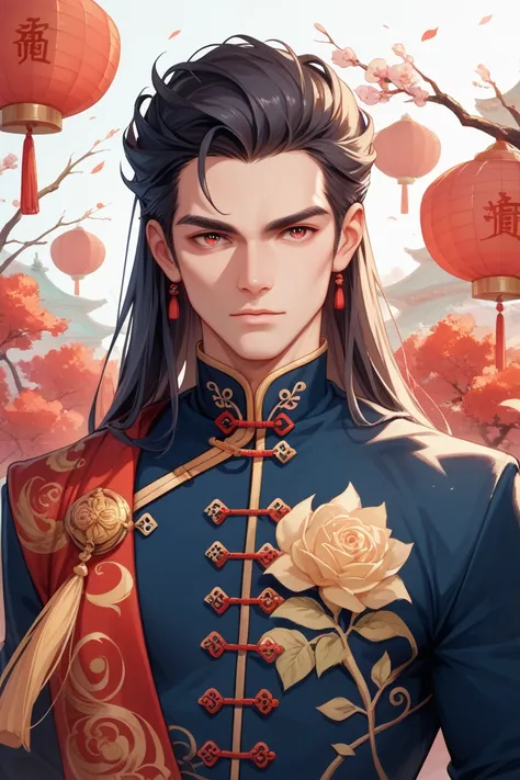 Half-live-action historical drama royal man, young upper body, prince with red eyes, historical drama, long hair, Chinese style