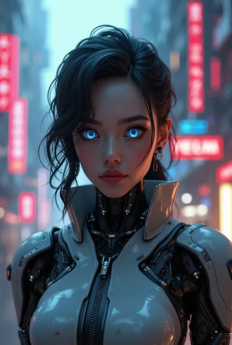  A female combat android with a human face ,  inspired by Battle Angel Alita . She has bigger ,  unnaturally glowing eyes , looking directly into the camera.  Her appearance radiates a subtle appeal ,  without excessive femininity .  The android components...