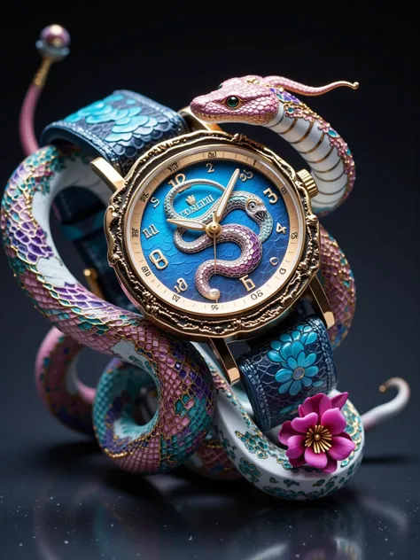 A close-up shot of a vibrant women's watch features a bold, colorful snake design coiled around its wrist strap. The camera zooms in on the intricate details of the reptilian pattern as it winds its way across the watch face, casting a mesmerizing spell