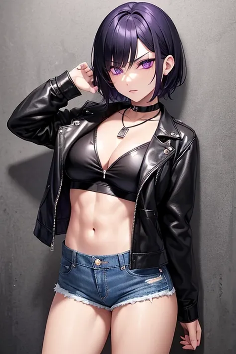  BLACK GAL　Short Hair　１７age　Cold Eyes　night　 It's raining　 full moon　 leaning against the wall and fiddling with my smartphone　　 t-shirts　　zipped denim shorts　 small breasts　 abs　 Leather Jacket　 Skull Necklaces 　 is staring　Bad mood　Cold Stare　　 viewers w...