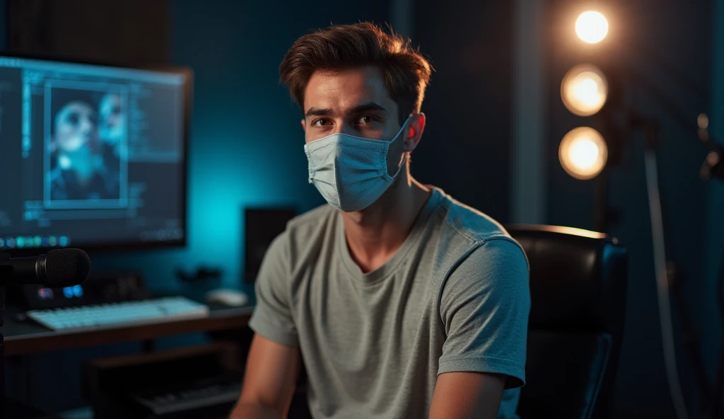   

"A 22-year-old young man sitting in a professional studio. He is wearing a stylish mask that covers his nose and mouth, along with a casual t-shirt. The studio setup includes professional lighting, a microphone, and a computer screen in the background....