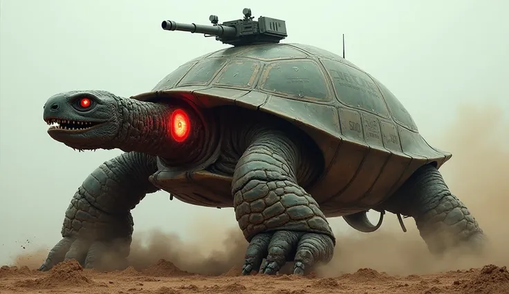 "A terrifying and hyper-realistic hybrid of a turtle, a military tank, and an apple moves across the battlefield like an unstoppable force. Its enormous shell is reinforced with thick metal plating, resembling the armor of a war machine, with a rotating tu...