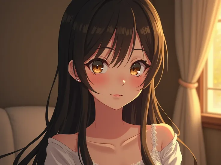 A highly detailed, semi-realistic portrait of a seemingly perfect wife, aged 30-35, with a slender hourglass figure. She has long, silky dark brown or black hair, gently cascading over her shoulders, and expressive, large anime-style eyes that shimmer with...