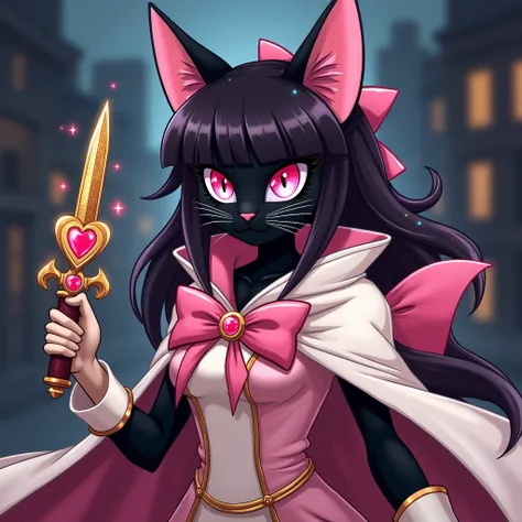 Black tabaxi with dark pink hair sprinkled throughout. She has dark pink eyes. Rogue with magical daggers with a heart on them, they are gold with a dark pink sapphire on the handle. Pink, cream, white, gold rogue clothing. Big pink bow on the back of her ...