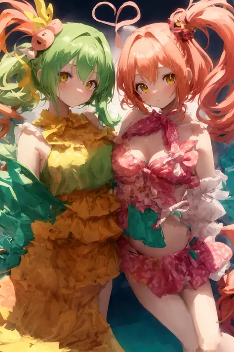 Two girls wearing bikinis standing next to each other. One has long hair tied into two low pigtails in a light orange color with green headbands, dark yellow eyes, an A-cup chest size, and a slender figure. The other has short pink hair cut to neck length,...