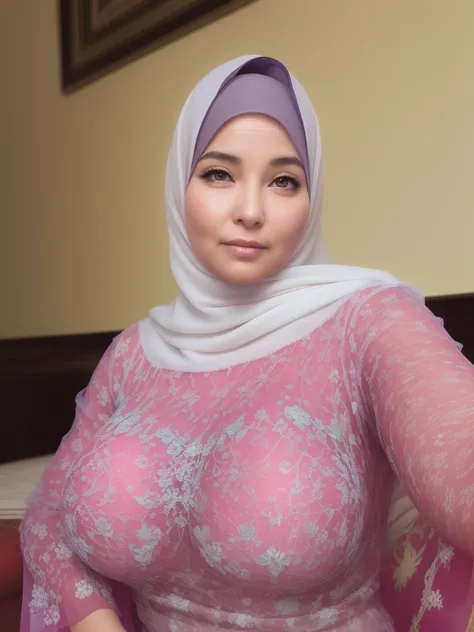  sexy mature  ,40 years old ,He wears a transparent pink dress,poor,big chest, huge breast, (hijab),  open front ,  sexy bra ,  real skin ,   soft lighting  , real breasts, Realistic breasts,  Detailed skin features  ,  Detailed clothing features, BodyProp...