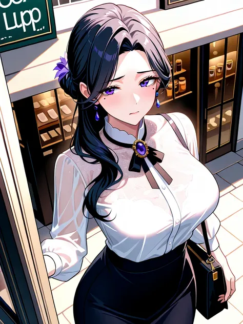 1girl, mature teacher, elegant lady, black beauty mark under left eye, black mole under left eye, beautiful, solo, white plain button blouse, see through blouse, brooch, black ribbons, one black shoulder bag, zoom in, up close, upper body, above waist, bla...