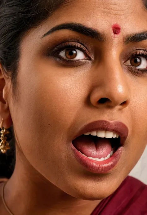 Ultra detailed photo of Malayali woman, beautiful girl, highest quality realistic skin, eyes in focus, 40 years old, focus on mouth, open mouth, saliva, open mouth wide, inside of mouth visible, ponytail hair, mouth open wide, uvula visible, mouth open wid...