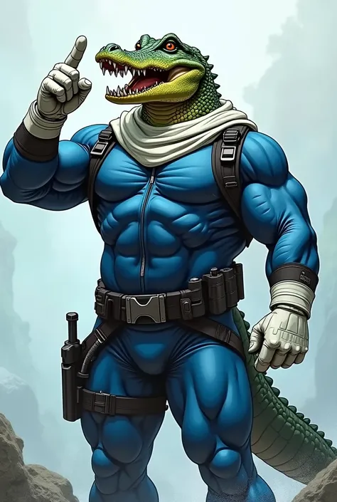 (A rugged beefy extremely muscular bulky saluting crocodile man), (wearing blue fully-zipped fullbody wetsuit), thumbs up pose, wearing bulky harness, wearing bulky scuba gear, wearing white hero scarf, muscular physique, toned muscles, fierce, heroic, act...