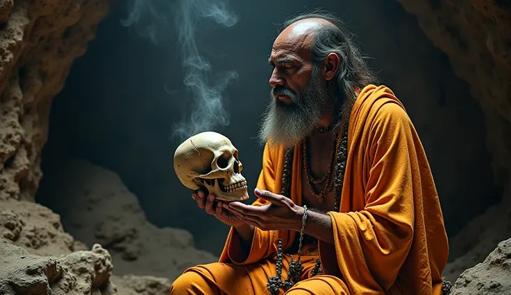 Aghori holding a human skull (Kapala) and chanting mantras in a dark cave.