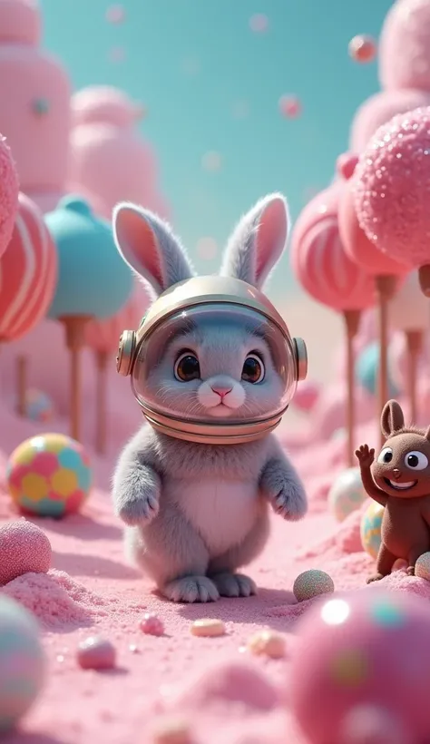 A space bunny wearing a glass helmet stands on the surface of a pink planet made of marshmallow. Around him are lollipop-shaped trees and sparkling candy scattered everywhere. A small, chocolate-like creature with friendly eyes smiles and waves at the bunn...