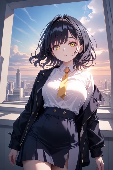  1 girl,  Intricate Details,  Masterpiece,  top quality,  extremely detailed,  cinematic lighting ,  BEAUTIFUL DETAILED SHINE,  delicately drawn beautiful face and eyes , 8k,   Dark Intense Shadow,  yellow eyes,   medium hair ,   black hair, bangs,  floati...