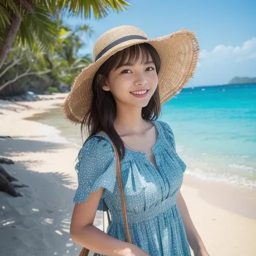 A woman strolling through a tourist spot by the sea, wearing a long dress with a yellow floral pattern and a straw hat with a large brim.In the background, the blue sea and white sand beach spread out, and the waves of the sea were lapping gently. The woma...