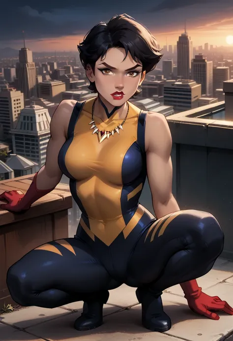 score_9, score_8_up, score_7_up, source_cartoon, (midnight, evening, dark:1.3), 1girl, solo, beautiful waifu, sexy (vx_hero, black hair, brown eyes, short hair, dark-skinned female, lipstick, tooth necklace:1.4), wearing (brown and yellow bodysuit, bare sh...