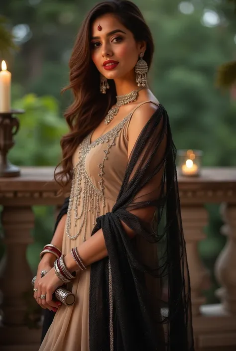 A woman with a playful and teasing expression, embodying Pakistani cultural elegance. She is wearing a soft, flowing *shalwar kameez* in a muted beige color, adorned with delicate silver embroidery, paired with a shimmering black *dupatta* draped gracefull...