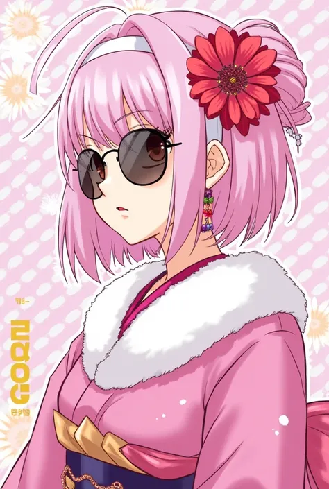 Kimono, female, Tokyo vivid pink, cool anime style, flashy, 1 girl,  high resolution,  deformed cheek dye, Bloom,  Digital Art,  hair flower,  sunglasses,  white hair band,  character profile,  character design drawing,  Open your mouth slightly,  evil ,  ...