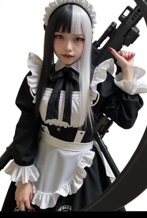  girl、 Half her hair is white and half black、 red eyes、Gothic maid outfit、 She has a big black scythe、 Machine gun on her back、blunt bangs、 straight hair 