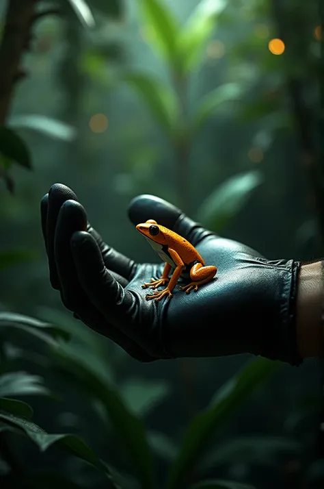 "A human hand wearing protective gloves hovering near the golden poison dart frog, UHD, ultra-realistic, tension in the air, dramatic shadows, jungle background."