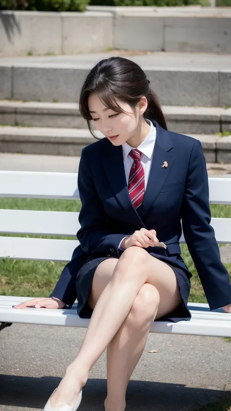 A beautiful Japanese woman is wearing an OL-style suit and a short tight skirt。That woman is lying on her side on a park bench and looking over her while crossing her legs