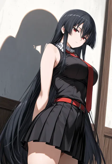 (masterpiece),(best quality),(ultra-detailed),(best illustration),(best shadow),(absurdres),(detailed background),(very aesthetic),akame-illustxl, 1girl, long hair, black hair, red eyes, necktie, very long hair, sleeveless, skirt, belt, dress,close up,larg...