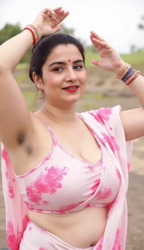 Indian beautiful woman sexy bhabhi, Copper colour strapless Sleeveless blouse,very deep cleavage,curvy plus size model wearing transparent white pink floral color saree ,Copper colour satin glossy strapless sleeveless blouse, plenty of red and white bangle...