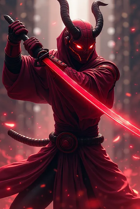 A maroon cyborg samurai with an red energy blade and Oni mask, glowing red regiments on his suit and the eyes of the oni mask, anime art, semi realistic, swinging his blade up in a crouched position, leaving electric energy trail with the swing, futuristic...