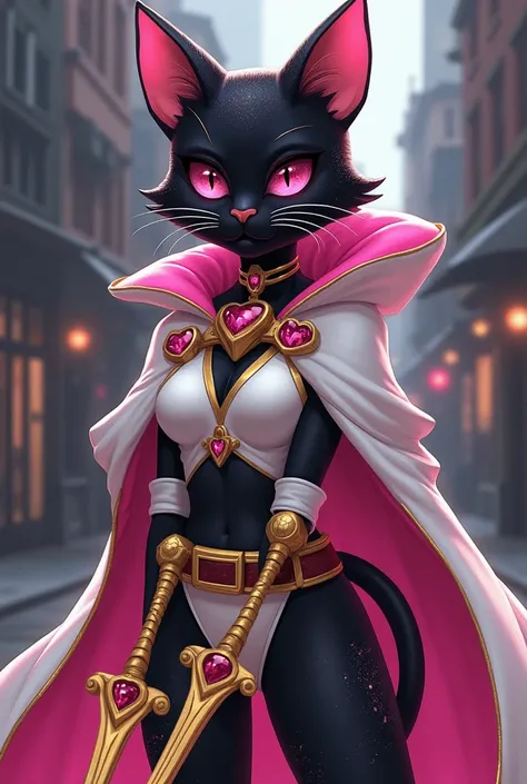 Black adult female tabaxi with dark pink hair sprinkled throughout. She has dark pink eyes. Rogue with magical curved daggers with a heart on them, they are gold with a dark pink sapphire on the handle. Pink, cream, white, gold rogue clothing. Big pink bow...