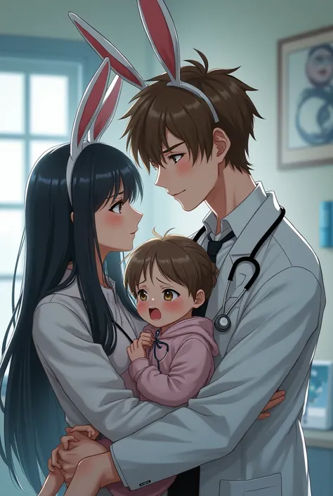 There are 3 people in a doctor's office. A young woman with gray eyes and long black hair, He has a bunny ear band over his head and fantasy makeup, In his arms he carries a crying girl with gray eyes. He's a cute doctor , Look at the young woman with a sl...