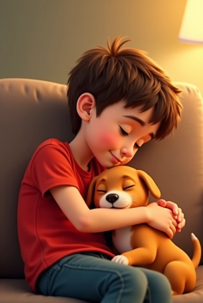 Final Scene: A Loving Home for cuty puppy dog 

Setting: The young boy (around ) wearing a bright red T shirt  boy and cuty puppy dog cuddle together on a soft couch.
Visual Focus: cuty puppy dog , the cute puppy, sleeping peacefully with his head on the b...