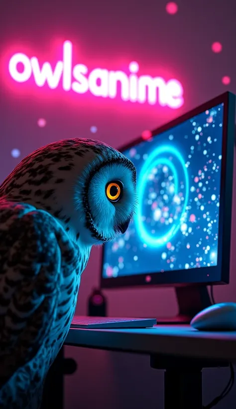  computer screen ,  Parallel , there is a neon sign on the wall above the computer "OwlsAnime"  bubbles of soft glow , you can see the head of an owl looking at the screen