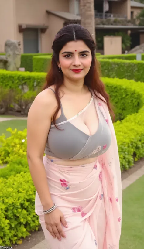 Indian beautiful woman sexy bhabhi, Copper colour strapless Sleeveless blouse,very deep cleavage,curvy plus size model wearing transparent white pink floral color saree ,Copper colour satin glossy strapless sleeveless blouse, plenty of red and white bangle...