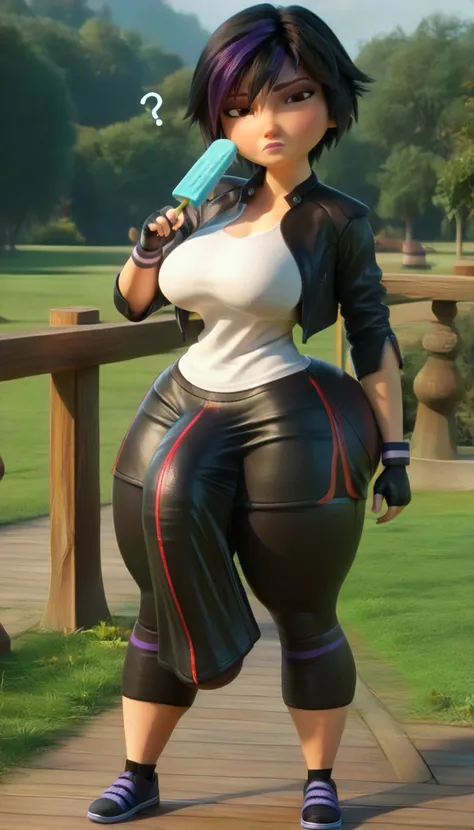 score_9,score_8_up,score_7_up, BREAK gogo tomago,3d, 1futa, solo, black hair, black bike shorts, black fingerless gloves, short hair, brown eyes, black leather jacket, black capri pants,blue patches, purple hair, streaked hair, lips, looking at viewer, exp...