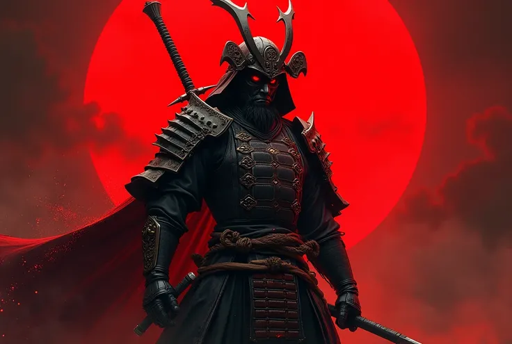 Close up of a samurai standing in front of a red sun,  concept art inspired by Yoshigai Kano ,  reddit contest winner  , demon samurai warrior, demon samurai, Samurai Warrior ,  Epic Samurai Warrior, Japanese Warrior, as samurai,  samurai style , ancient  ...