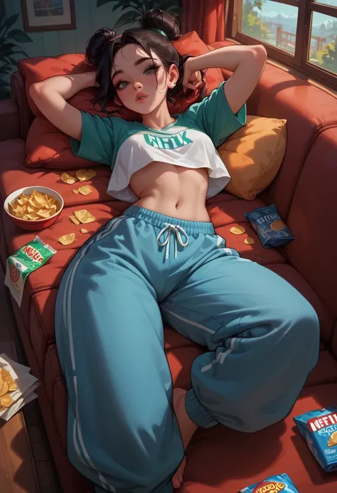 score_9, score_8_up, score_7_up, score_6_up, best quality, 1girl, large hips, small waist, Big Titty Lady, baggy jogging pants, lying on her couch, croptop, Netflix and chill, bun, chips, living room