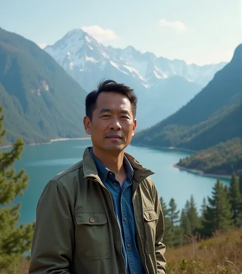 Realistics , Asian man, 50 years old short hairstyle dark brown hair ,  looking at the camera, wearing blue-indigo shirt and khaki jacket, green Himalayan cherry and maple forest, beautiful lake and green mountains, stunning views, bright blue bight sky mo...