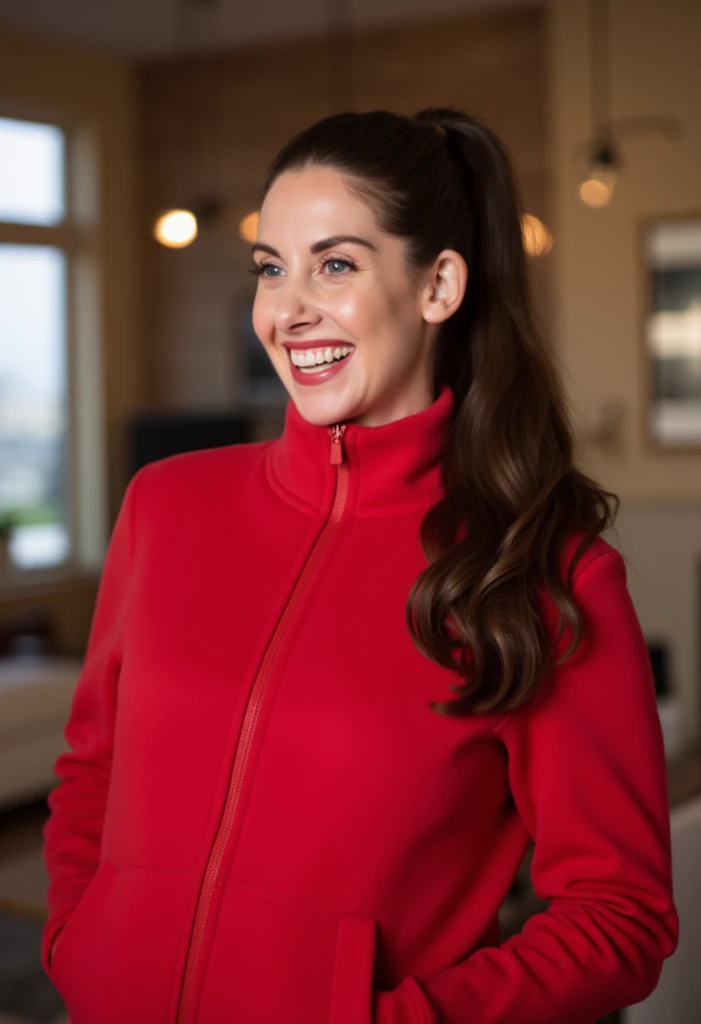 Alison Brie is a college student. Close up, her hair is styled in a dark brunette cute ponytail, she is wearing a tight red sweat jacket, she is standing in a living room, smiling, mouth closed, large voluminous breasts, large breasts