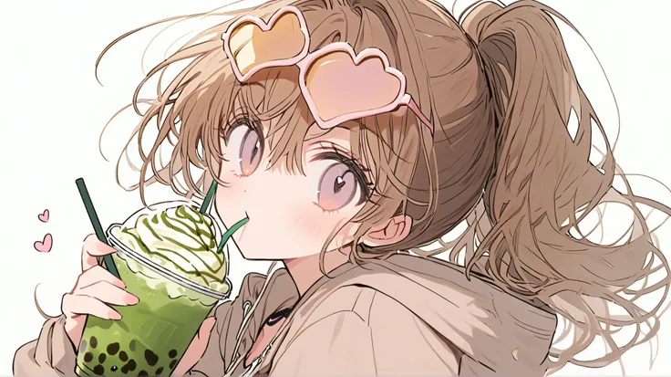  girl,  brown hair,  ponytail hair, Brown and gray eyes,  brown hoodie,  pastel brown ((heart))  sunglasses, Drink a Matcha Frappuccino, White background