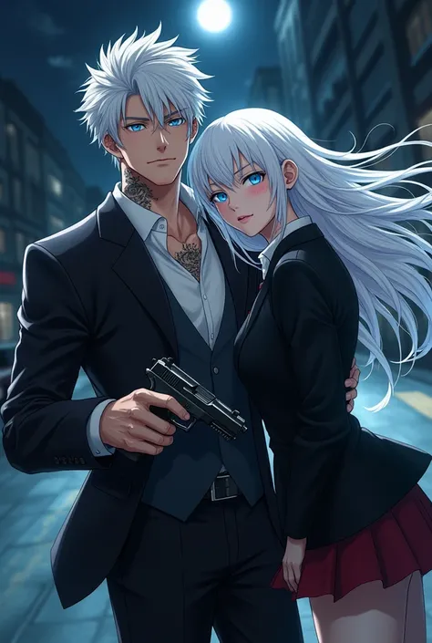 Anime pictures 2 .7d Beautiful realistic photo with light color background. A man with blue eyes, white hair, wearing a black suit, holding a pistol, with tattoos and blood to the face and neck area from the fight. There is a woman with long white hair, br...