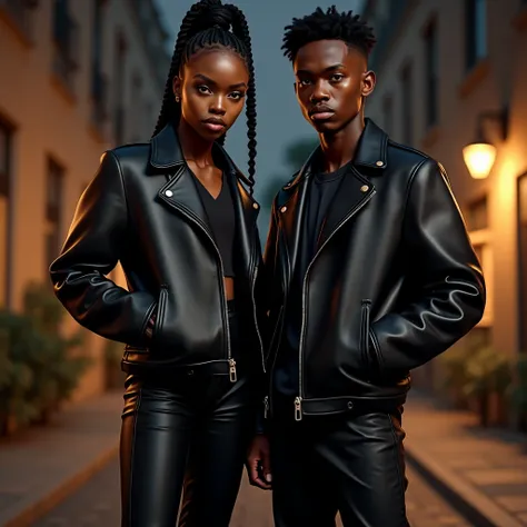 A stylish Rwandan teenage boy and girl, both in their late teens, standing confidently in an urban setting at night. They wear matching black notch-collar leather jackets, giving off a bold, high-fashion street vibe. The boy has a sharp, confident gaze, da...