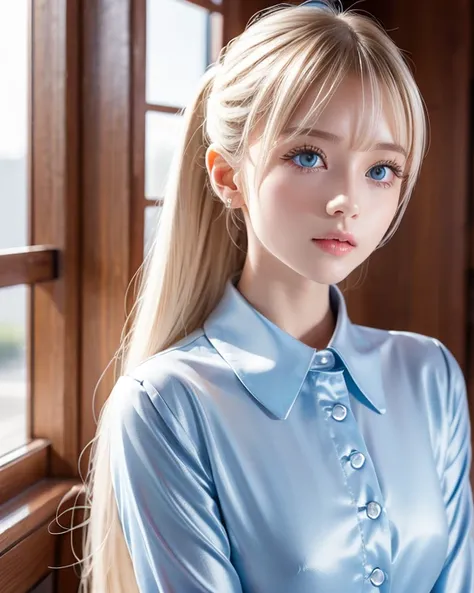  portrait 、Very beautiful、、Extraordinary White Girl 、School uniform、 ponytail、Glowing Skin、 、 Beautiful Platinum Blonde 、 Super Long Silky Beautiful Straight Hair、Shiny, beautiful bangs、Shiny, clear, attractive, large, incredibly beautiful, bright, baby bl...