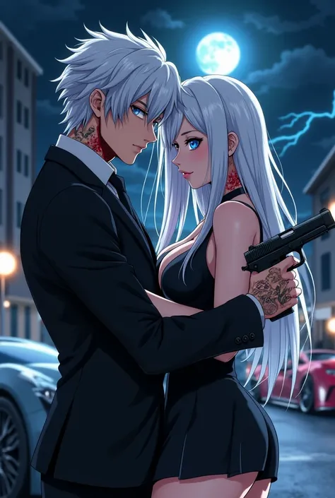 Anime pictures 2 .7d beautiful realistic photo with light background of color, blue eyed man with white hair wearing black suit, holding a pistol, tattooed and bleeding to the face and neck area from the fight. There is a beautiful woman, nice big breasts,...