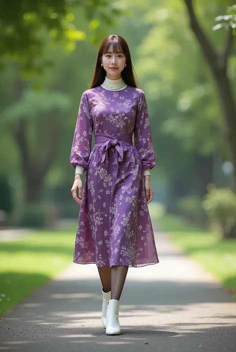 50 years old Japanese beautiful mature woman, not too thin body, glamorous body, glamorous woman, elongated face, sharp face, shiny skin, white skin, brown long straight hair with bangs, long sleeve dress, dress with small white floral pattern on violet fa...