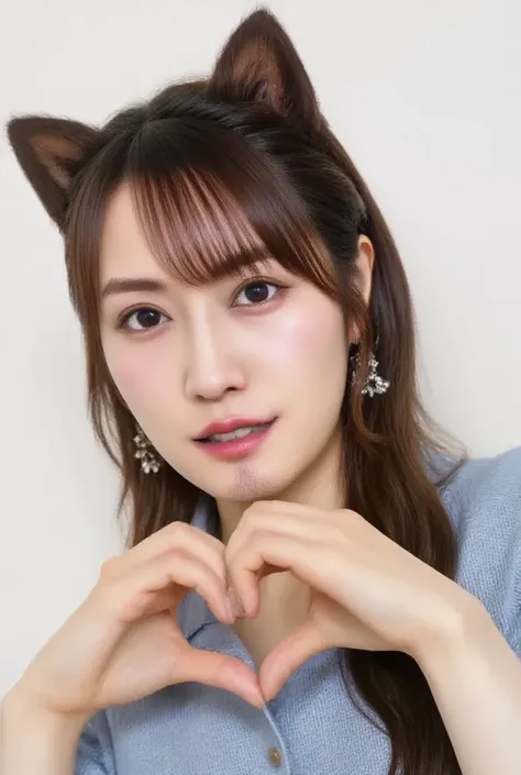  Super Fine、Picture of her face 、 and she has a smile showing her teeth, I'm wearing cat ears,  I'm posing with my hands crossed in the shape of a heart in front of my chest、 background is simple 、   high image quality、細部にわたって  high image quality