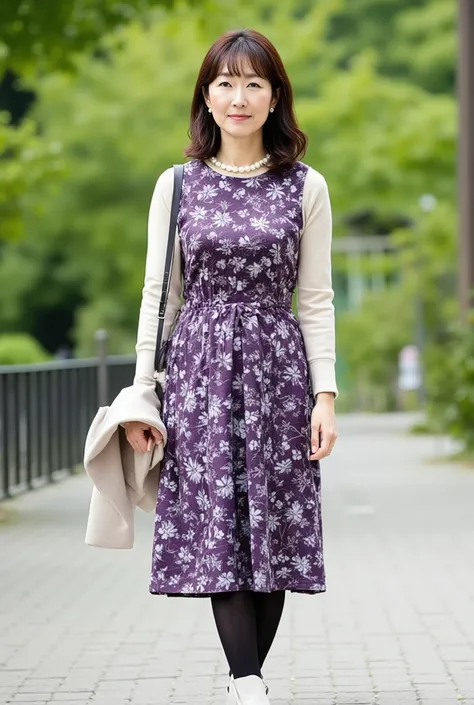 50 years old Japanese beautiful mature woman, not too thin body, glamorous body, glamorous woman, elongated face, sharp face, shiny skin, white skin, brown long straight hair with bangs, long sleeve dress, dress with small white floral pattern on violet fa...